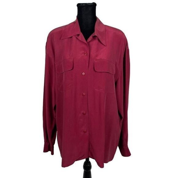 Silk Land Vintage 100% Silk Wine Red Safari Button Down Shirt - Women’s 10 - Picture 1 of 6